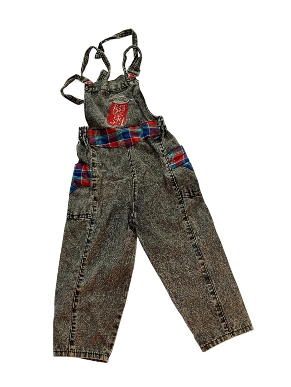Vintage 80s Coca-Cola Toddler Overalls Acid Wash Plaid 2T - Picture 2 of 13